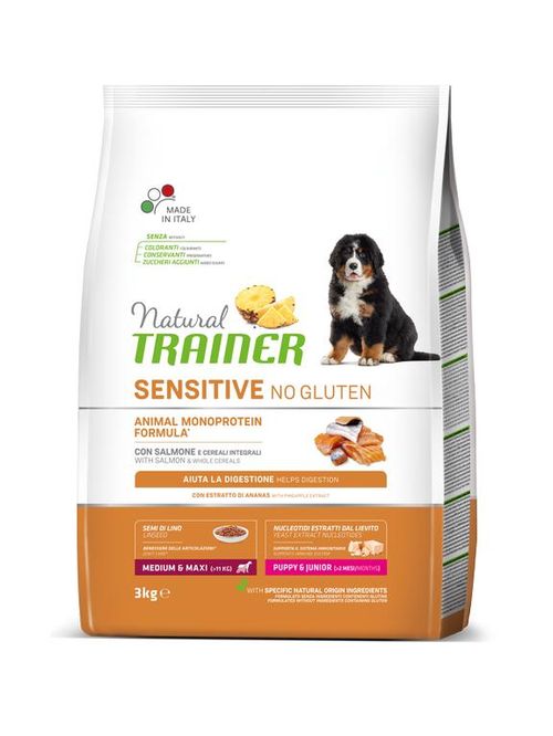Natural Trainer sensitive cane no gluten medium & maxi puppy & junior salmone