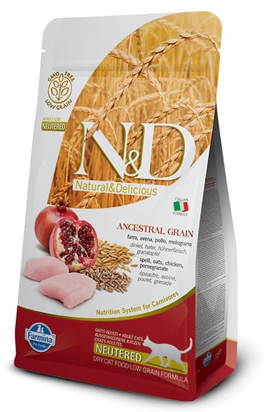 Farmina n&d low grain gatto neutered farro avena pollo melograno