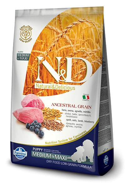 Farmina n&d ancestral grain cane puppy medio maxi farro avena agnello e mirtillo