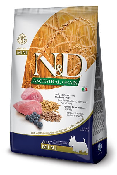 Farmina n&d ancestral grain cane mini farro avena agnello mirtillo