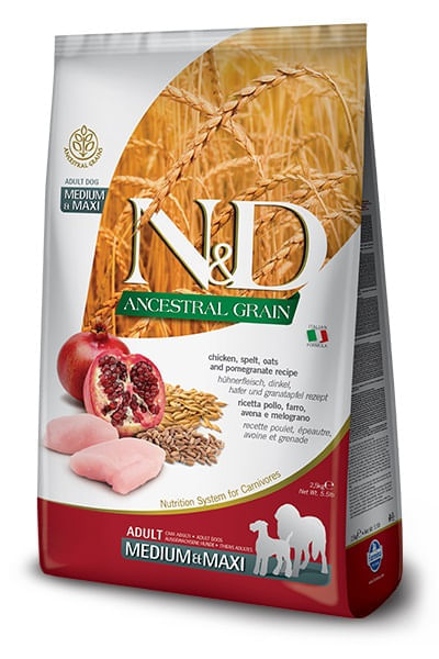 Farmina n&d ancestral grain cane medium & maxi farro avena pollo e melograno