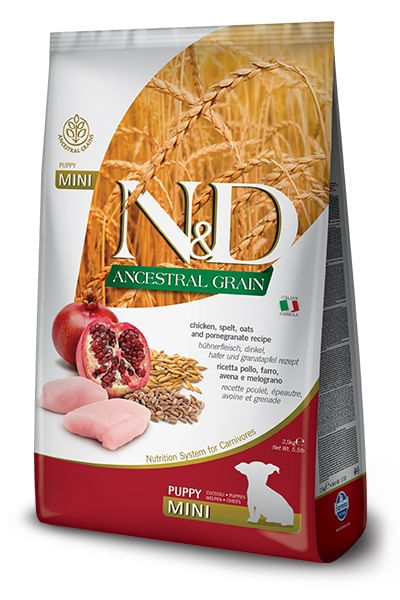 Farmina n&d ancestral grain cane puppy mini farro avena pollo e melograno