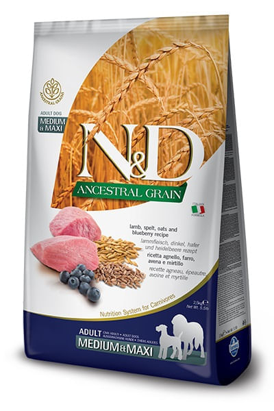 Farmina n&d ancestral grain cane adult medium & maxi farro avena agnello mirtillo