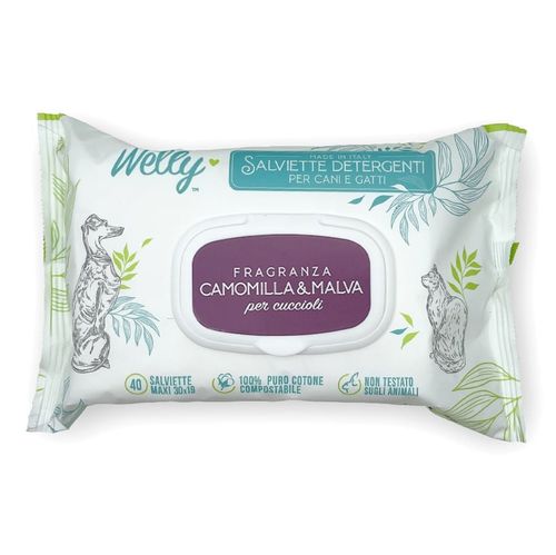 Welly salviette detergenti camomilla e malva per cuccioli 40 pz