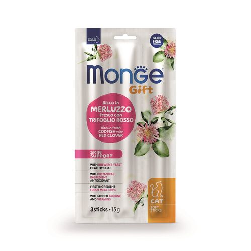Monge gatto gift skin support merluzzo fresco con trifoglio rosso 3 sticks 15 gr