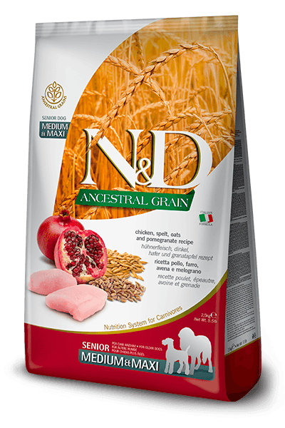 Farmina n&d ancestral grain cane senior medio maxi farro avena pollo e melograno