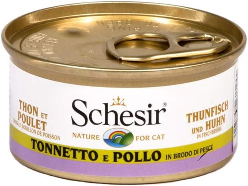 Schesir gatto tonnetto e pollo in brodo di pesce