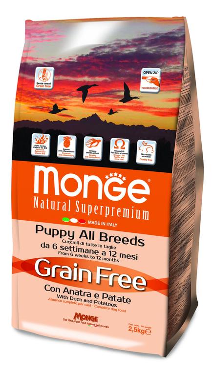 Monge cane grain free puppy all breeds anatra e patate
