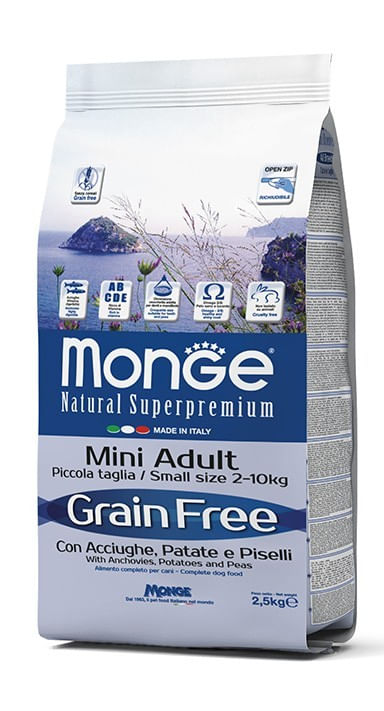 Monge cane grain free mini adult acciughe patate e piselli