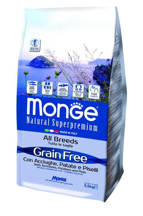 Monge cane grain free all breeds acciughe patate e piselli