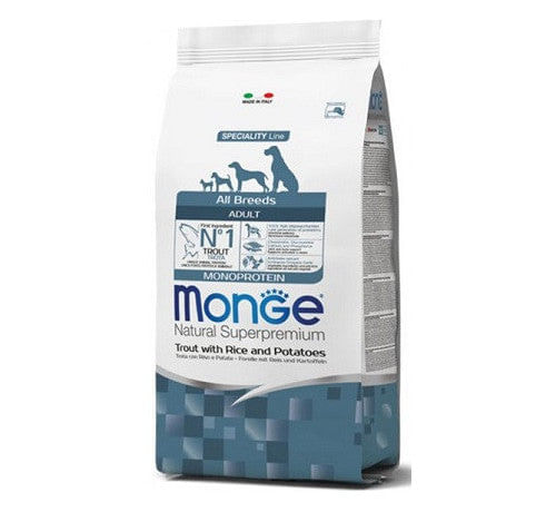 MONGE NATURAL Superpremium Monoprotein per Cani Adult All Breeds Trota con Riso e Patate da 12 kg