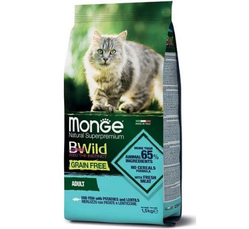 MONGE NATURAL Superpremium BWild Grain Free per Gatti Adult con Merluzzo, Patate e Lenticchie