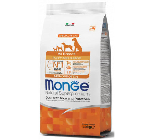 MONGE NATURALSuperpremium Monoprotein per Cani Puppy/Junior All Breeds con Anatra, Riso e Patate