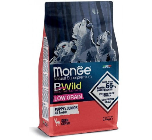 MONGE NATURAL Superpremium BWild Low Grain per Cani Puppy&Junior All Breeds con Cervo da 2,5 Kg